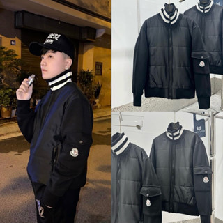 Áo khoác phao cổ trụ nam nữ DSQ gió trần bông sọc ngang phối tay dạ thêu túi hộp logo cổ chun sọc AK221P