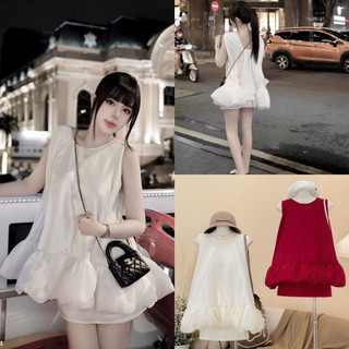 ( Hàng L1 + Ảnh Thật ) Set Đầm Áo Sát Nách Váy Bồng Dáng Babydoll Kèm Chân Váy Ngắn Màu Trắng Đỏ