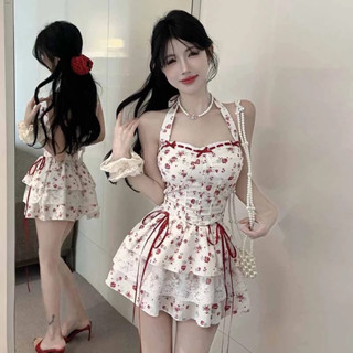 SET ÁO YẾM CÚP NGỰC ĐÍNH NƠ PHỐI CHÂN VÁY TẦNG HOẠ TIẾT HOA NHÍ