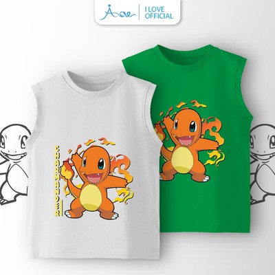 Áo BA LỖ hình Pokémon CHARMANDER cho bé, áo thun ba lỗ ILOVE chất COTTON mềm mịn, thoáng mát dành cho bé trai 10-32kg