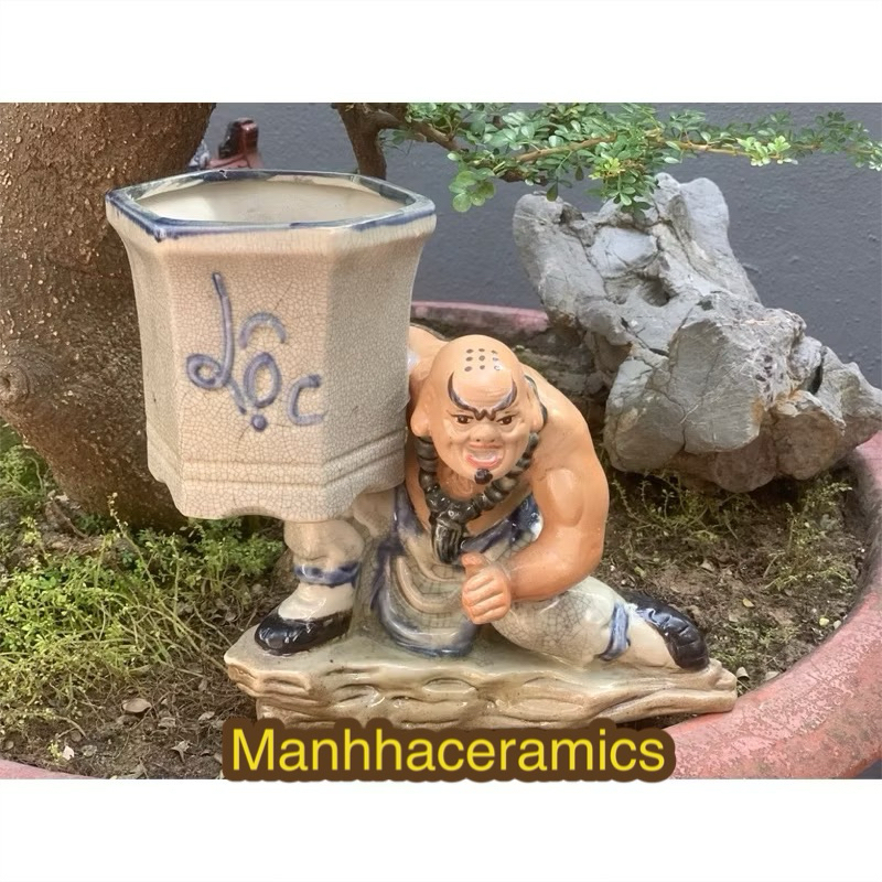 Tượng chậu la hán bê Tượng la hán bê vò lục giác trồng cây bon sai men rạn gốm sứ Bát Tràng