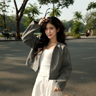 Áo Khoác Dạ Nữ Phối Viền Tay Dáng Ngắn Croptop Mùa Thu Đông 2024 Kimee MA463