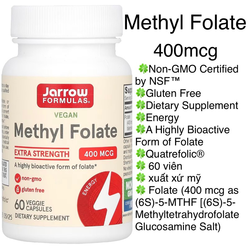 [MỸ] Viên Methyl Folate Extra Strength 400mcg 60 viên Jarrow Formulas acid folic vitamin
