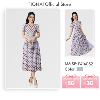 Đầm chấm bi FIONA linen váy thiết kế cao cấp dáng xòe cổ tròn tùng váy dúm can hông F414052