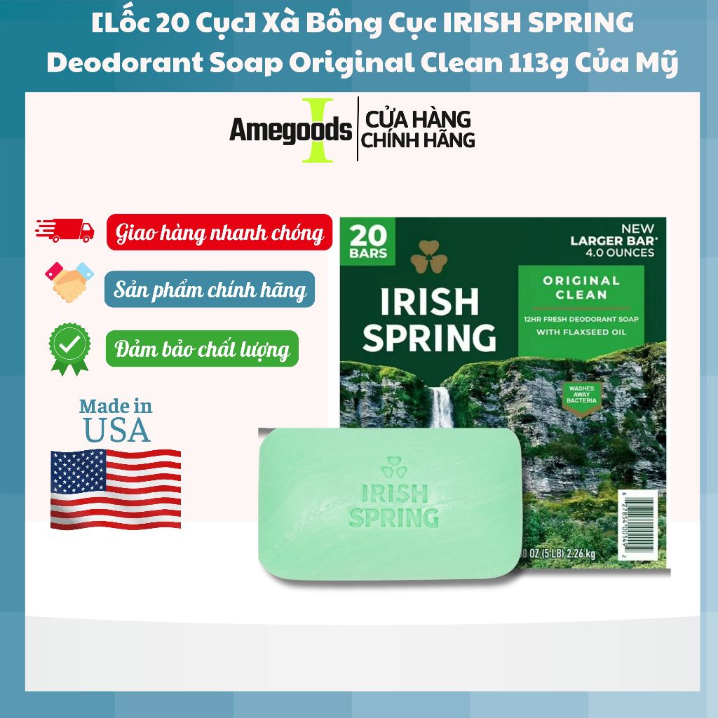 [Lốc 20 Cục] Xà Bông Cục IRISH SPRING Deodorant Soap Original Clean 113g Của Mỹ