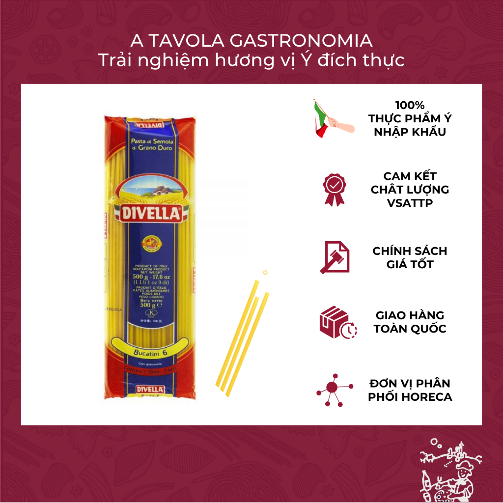 Mì Ý Bucatini DIVELLA gói 500g [Mỳ Ý Pasta Chính Hãng]