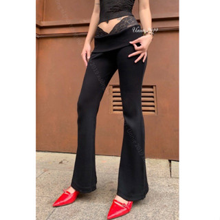   Quần 100cm viền ren mềm  Quần ống loe lưng chữ v viền ren hoạ tiết UNNIE2019 Quần dài ống loe cạp thấp lưng thun bản to 