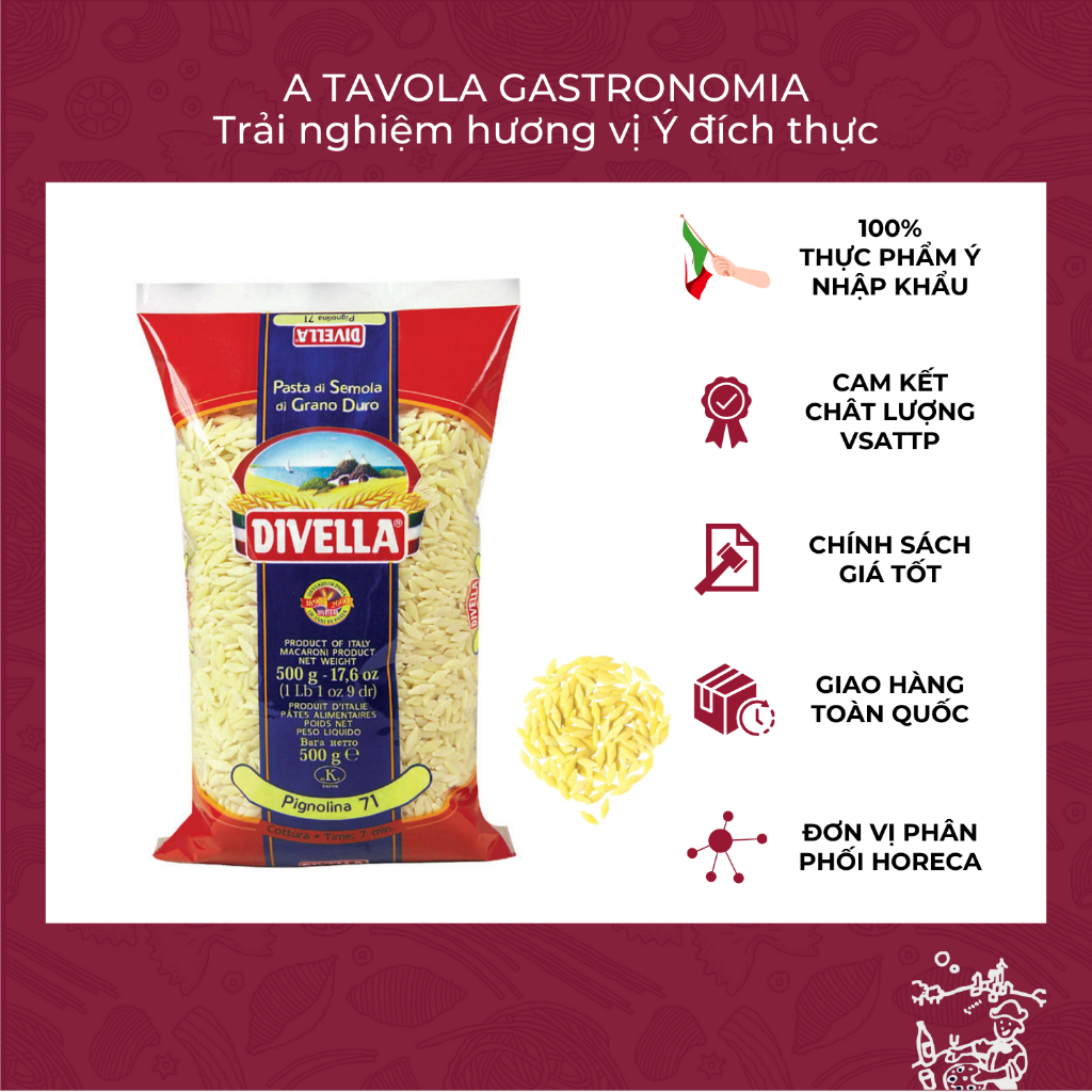 Mì Ý Pignolina DIVELLA gói 500g [Mỳ Ý Pasta Chính Hãng]