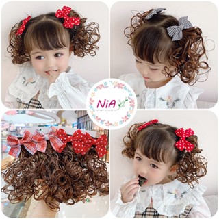 Set 2 kẹp tóc giả xoăn kèm nơ chấm bi, sọc caro nhiều màu sắc cho bé gái NiA shop PK223