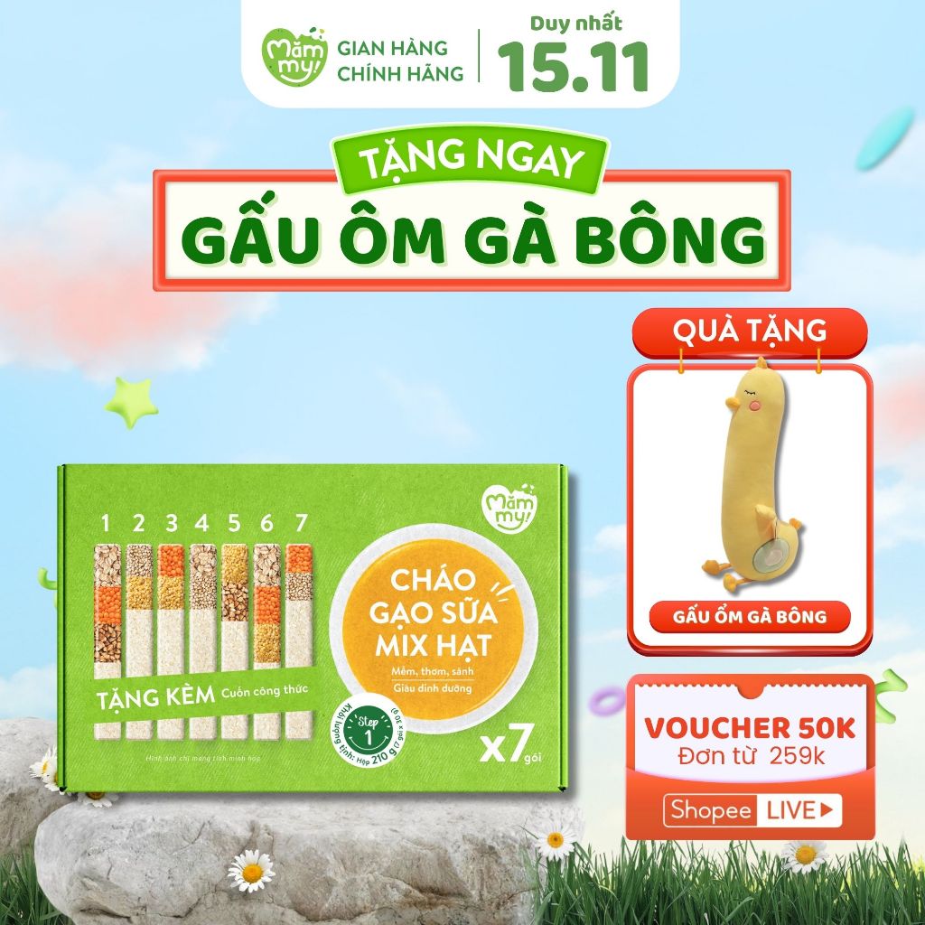 Hộp 7 gói cháo gạo sữa mix hạt Mămmy nấu cháo bổ sung dinh dưỡng cho bé 6 - 8 tháng - Step 1 30g/1gói