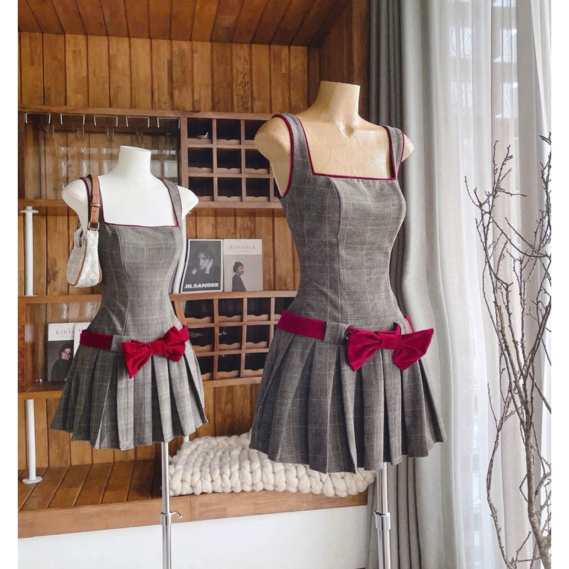 Đầm caro xoè - Đầm viền đỏ xếp ly - Đầm y2k