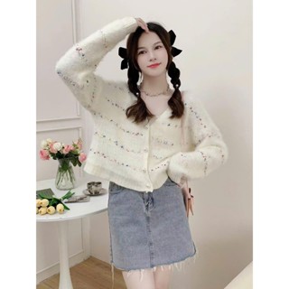 Áo khoác lông thỏ , áo khoác cardigan nữ dáng ngắn phối sọc ngang form rộng màu kem màu trắng vải len QCCC Loại 1