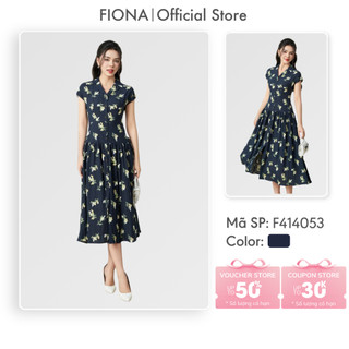 Đầm công sở nữ FIONA hoa linen dáng xòe váy thiết kế cao cấp cổ hai ve vai chờm tùng váy dúm can hông F414053
