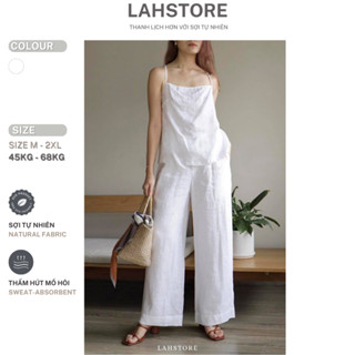 Set đồ nữ linen LAHSTORE áo 2 dây cổ ngang & quần dài suông ống rộng (Áo Trắng - Quần Trắng)