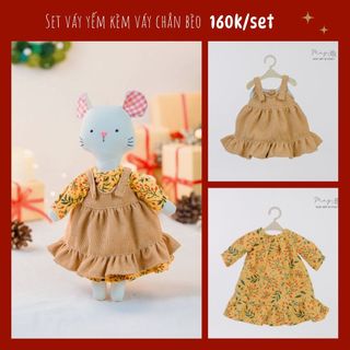 Set váy yếm nâu kèm váy cổ tròn chân bèo hoạ tiết hoa vàng cho búp bê  có thể mua lẻ  