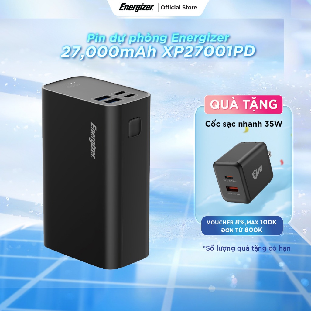 Sạc dự phòng Energizer 27000mAh XP27001PD - 4 cổng output, tích hợp sạc nhanh 65W - Hàng chính hãng