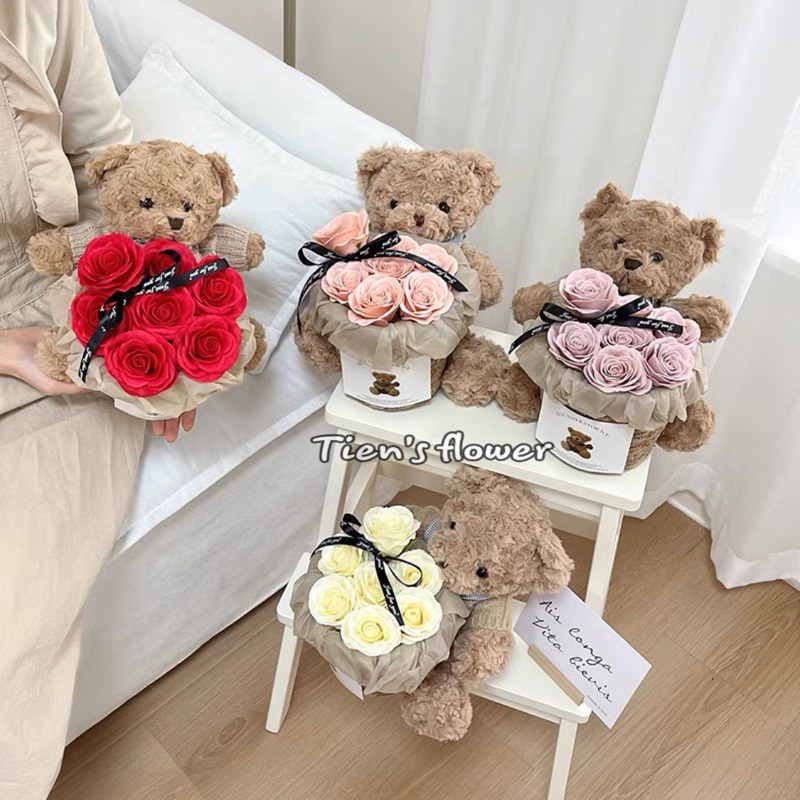 Giỏ hoa gấu bông Teddy hoa sáp Ecuador size mini