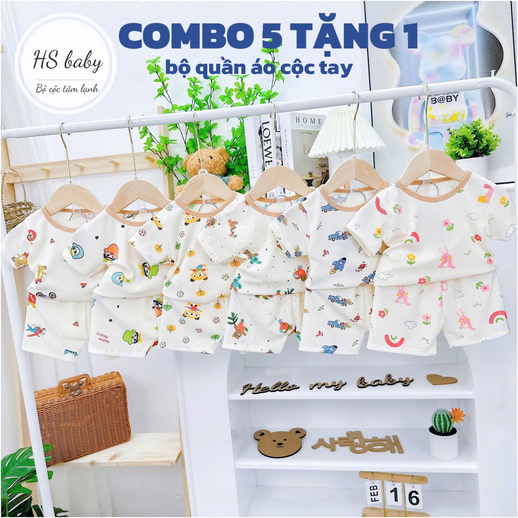 Combo 5 Bộ (Tặng 1 Bộ) cộc tay cho bé gái bé trai thun tăm lạnh màu trắng kem 3-15kg (5 họa tiết khác nhau)