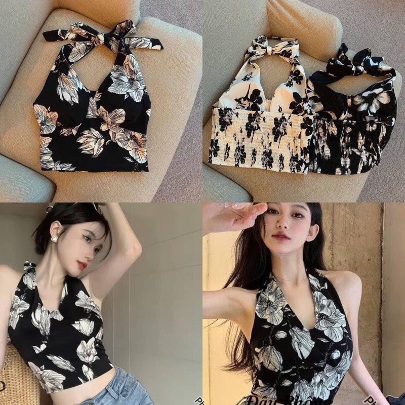 Áo yếm hở lưng, vải hoa, Áo Croptop Yếm Cột Nơ Họa Tiết hoa sáng da, Áo yếm hoa có mút croptop nhún sau cột nơ 2 màu