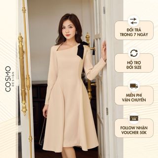 Váy đầm nữ thiết kế dáng xoè kem cổ lệch đính nơ vai đen sang trọng thanh lịch trẻ trung 12119