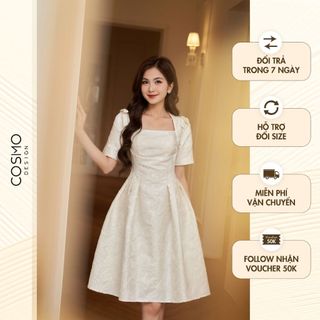 Váy đầm nữ thiết kế dáng xoè tasta hoa trắng đính nơ vai thanh lịch quý phái phù hợp đi tiệc 12121