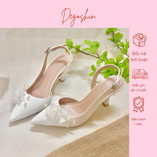  Giày cưới Giày cao gót Slingback 7p thiết kế đính Hoa Tú cầu  phối hạt châu xinh xắn Degoshin. 