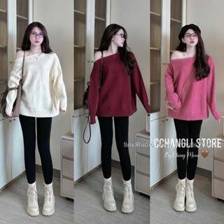 Áo Len Dài Tay Sweater Trễ Vai Đơn Sắc Xinh Xắn Dáng Rộng Giấu Quần Trùm Mông QCCC Cao Cấp