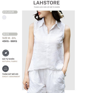  Set áo sát nách nữ cổ bẻ và quần short ống rộng lưng thun LAHSTORE basic trẻ trung  Be - Sọc Ngang  