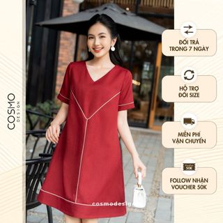 Váy đầm nữ thiết kế dáng suông màu đỏ may viền lé kem trẻ trung sang trọng 11510