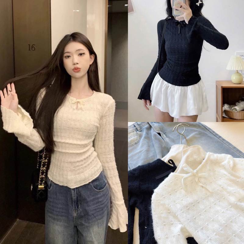 (Hàng đẹp có sẵn) Áo thun dài tay cổ tròn đính nơ thiết kế Tay loe điệu đà Kumikumi