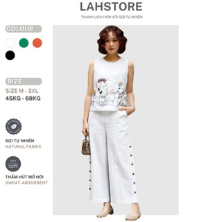 Đồ bộ linen nữ trung niên LAHSTORE áo kiểu cổ tròn sát nách thêu hoa và quần dài ống rộng phối khuy DBNL11 (Trắng)