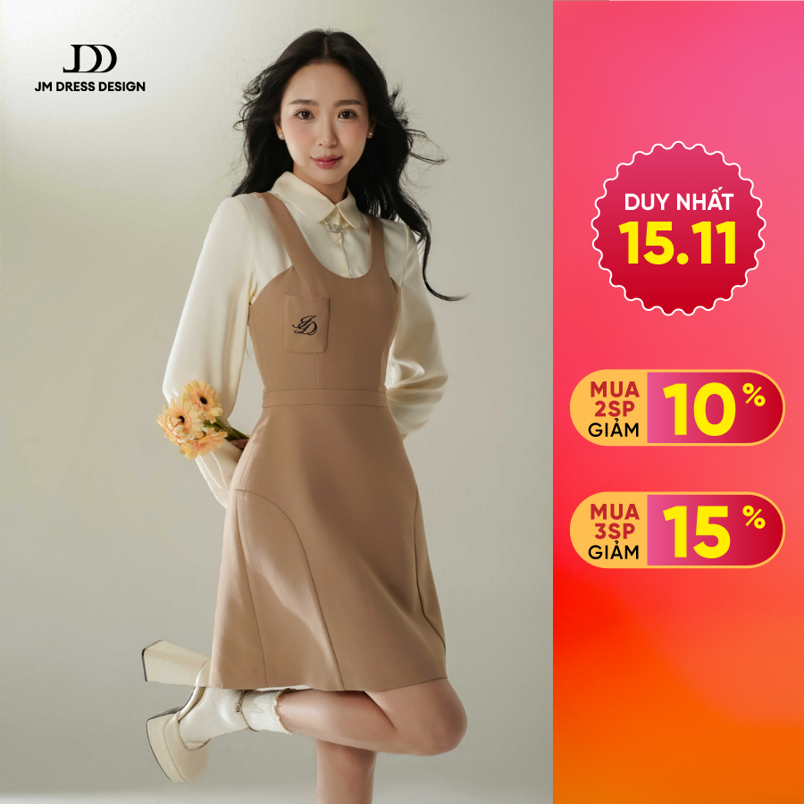 Đầm giả yếm cổ đức thêu ngực 1F22.2410K, Váy đầm sơ mi phối yếm một lớp kiểu dáng basic thanh lịch dành cho quý cô JM