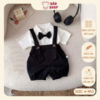 Set body yếm kèm áo sơ mi trắng đính nơ cho bé trai 4-11kg, body công tử đùi dễ thương mặc đầy tháng, thôi nôi. Dâu Shop