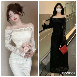 Váy ren trễ vai dài tay chân váy ôm xuông nhúm ly eo. Váy trễ vai Bigsize đẹp.