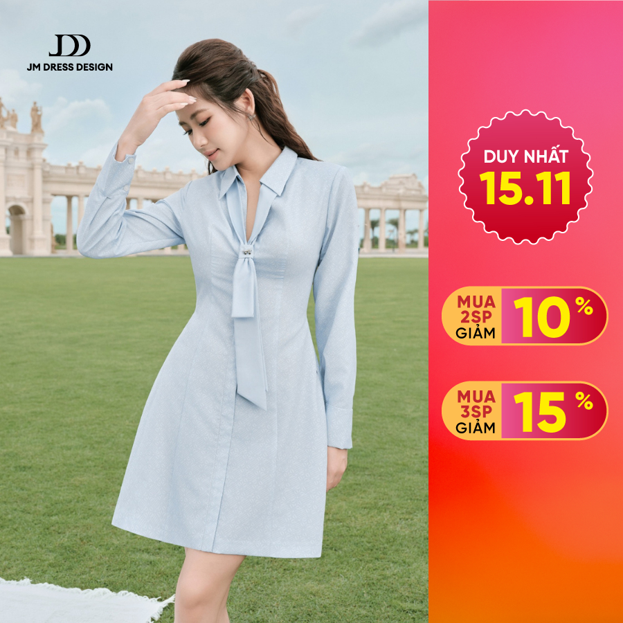 Đầm cổ nam không chân, nơ cổ trễ cách điệu 1S75.2407K, váy đầm thắt bơ cách điệu kiểu dáng công sở thanh lịch bởi JM