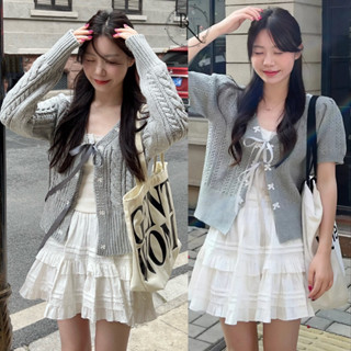 Set Đồ Nữ 3 Món-Áo 2 Dây Mix Áo Len Kèm Với Chân Váy Tầng Đính Cúc Nơ Siêu Xinh Xưởng May Bảo Ngọc