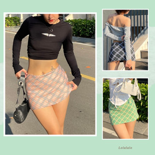 Chân váy chữ A caro ngắn lưng thấp y2k mini skirt có lót quần