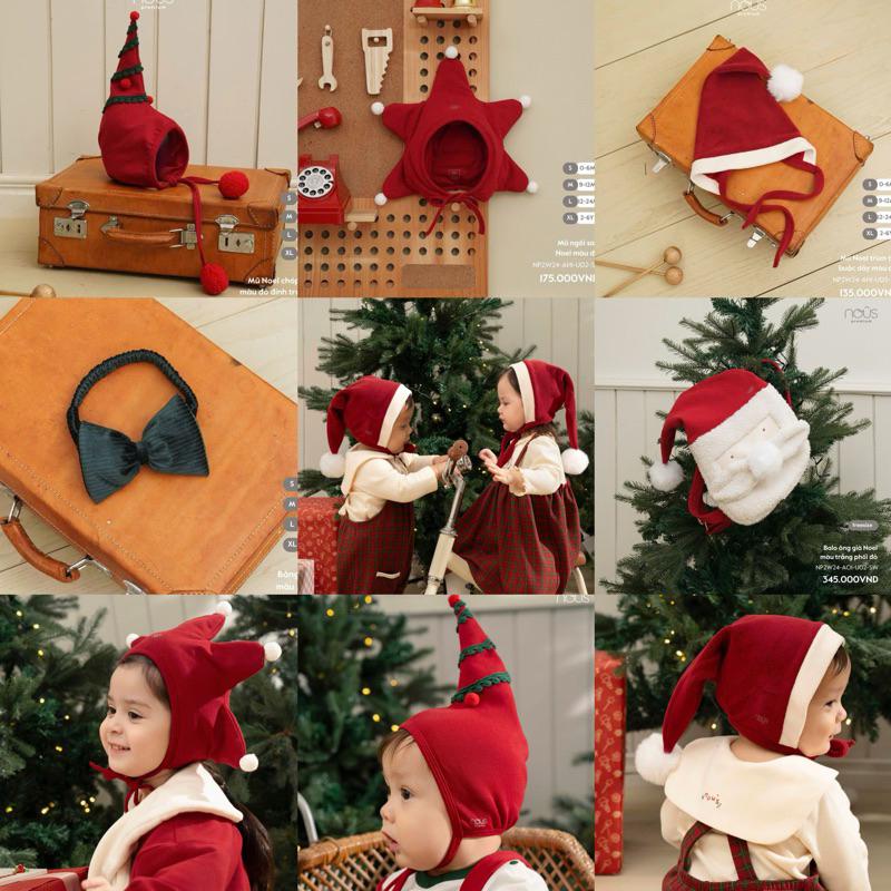 [Nous Xmas/ Nous Noel] Phụ kiện mũ, băng đô, gối ôm Noel màu đỏ cho bé sơ sinh tới 6 tuổi