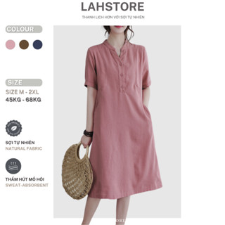 Đầm linen suông LAHSTORE cổ tàu tay lỡ viền nổi trẻ trung DS33 (Hồng)