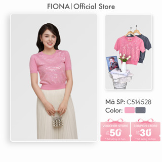  Áo len tay ngắn FIONA Áo len nữ chất Viscose cổ tròn dáng bo gấu đính kim sa tay ngắn C514528 