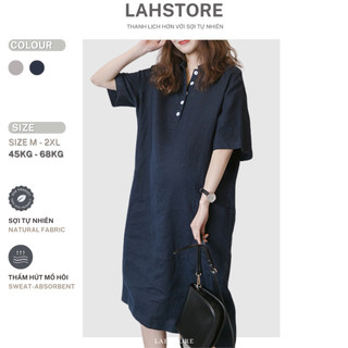 Đầm linen suông LAHSTORE cổ sơ mi tay lỡ 2 túi ốp sườn form rộng DS28 (Xanh Đen, Xám)