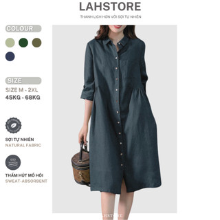Đầm suông linen LAHSTORE cổ sơ mi, tay lỡ xắn, dáng xòe, chiết eo DS30 (Xanh Đen, Xanh Rêu, Xanh Cốm, Xanh Lá)