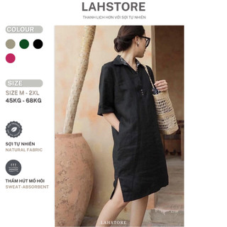 Đầm suông linen trung niên LAHSTORE cổ sơ mi phối nẹp pha, tay lửng trẻ trung DS01 (Đen, Hồng, Xanh)