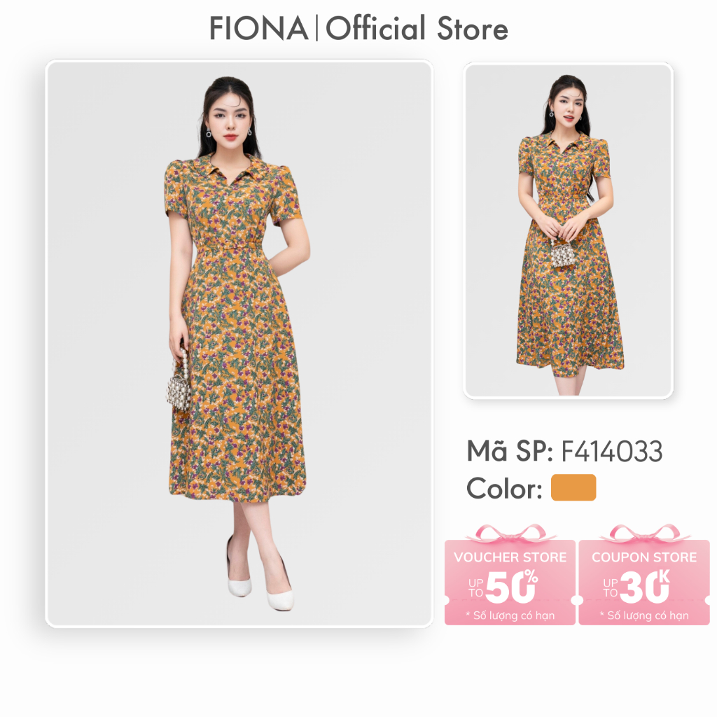 Đầm dáng xòe FIONA vải lụa váy hoa nhí cổ sen mở V FIONA đầm công sở thiết kế cao cấp F414033