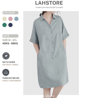 Đầm linen suông LAHSTORE cổ đức tay lửng túi bổ cơi form rộng trẻ trung DS29 (Xanh Xám, Be, Hồng)