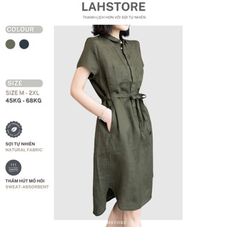 Đầm linen suông LAHSTORE cổ sơ mi bổ trụ phối 2 túi ngực dây thắt eo DS04 (Xanh Rêu, Xanh Navy)