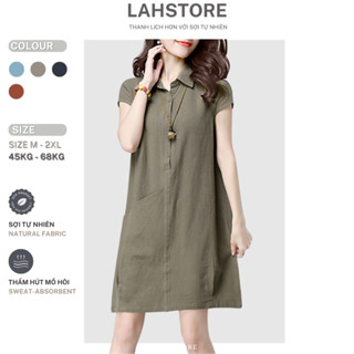 Đầm suông cổ sơ mi LAHSTORE chất đũi mềm mát thiết kế túi bên hông trẻ trung sang trọng DS03 (Xanh Rêu)