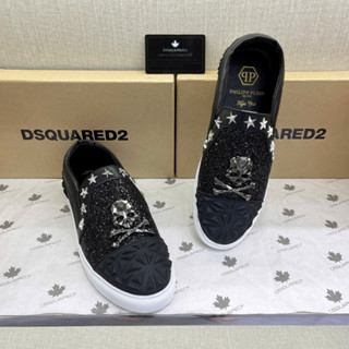 Giày slipon lười nam Philipp Plein kim tuyến tag logo xương đầu lâu ngôi sao mũi cao su nổi khối GS152P