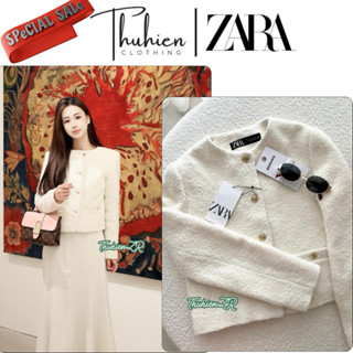 (Chính hãng size S) Áo blazer ZARA 2254/100/712 cổ tròn vải dệt mỏng cúc hoạ tiết(kèm ảnh thật)