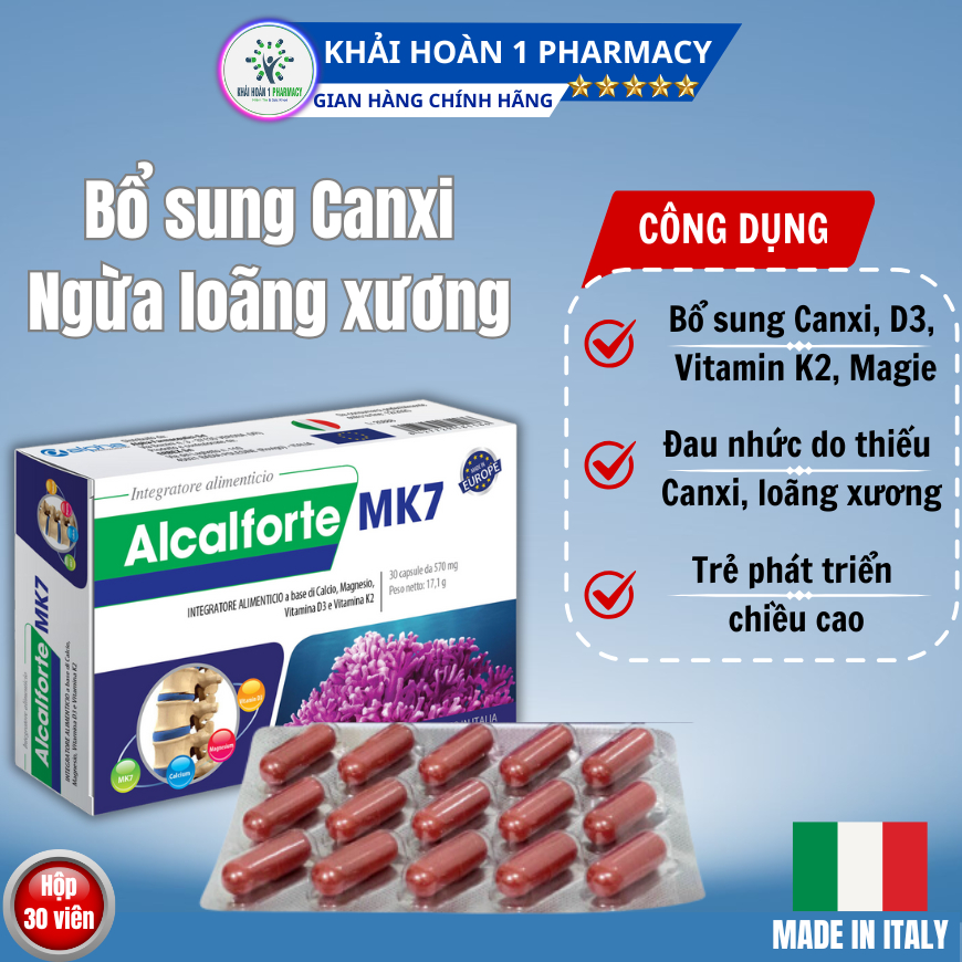 Viên uống bổ sung canxi ALCALFORTE MK7 giúp bổ sung canxi và ngăn ngừa loãng xương - Hộp 30 viên